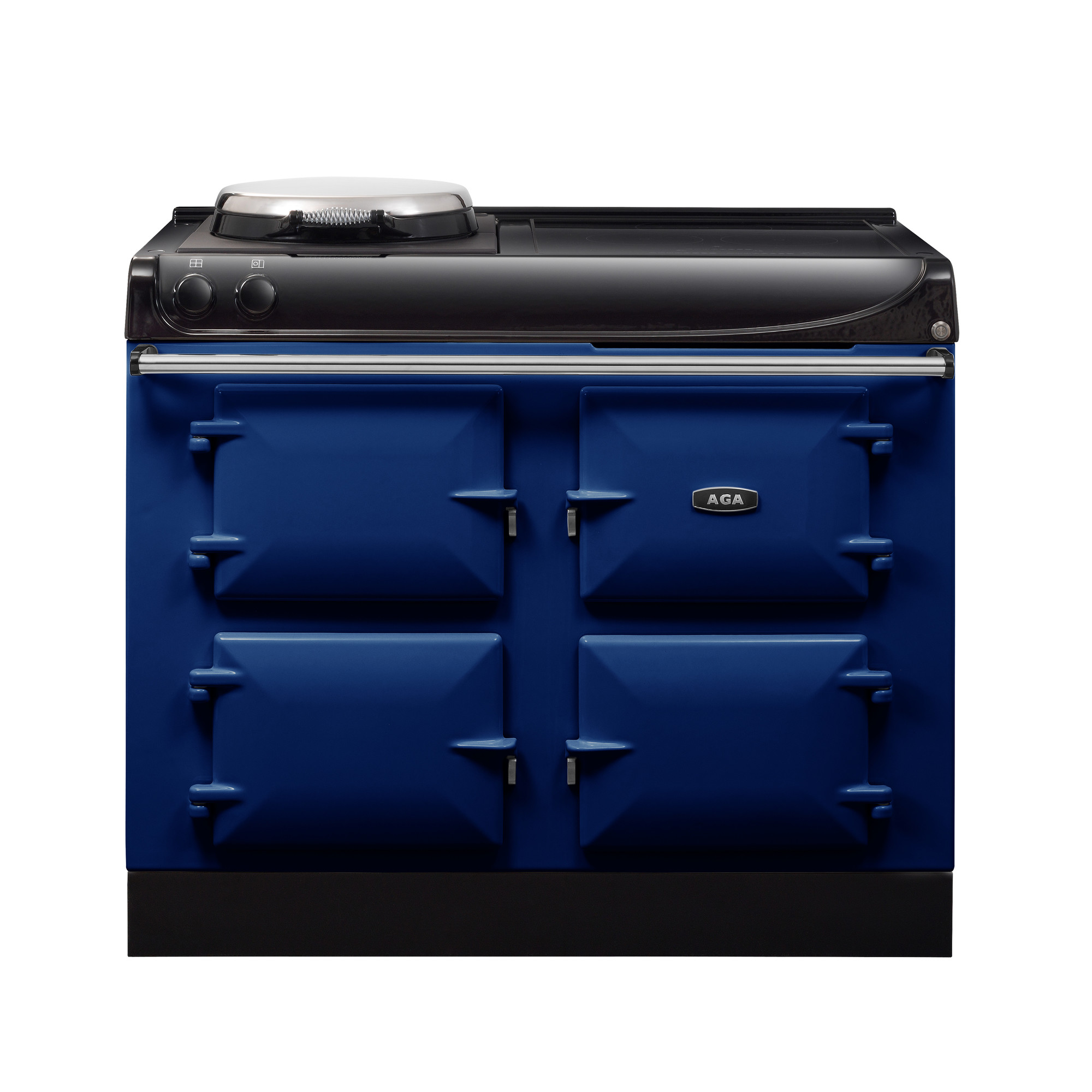 AGA Herd in Blau mit vier Backofentüren und Kochplatte, klassischer Küchenherd Blauer AGA Herd mit vier Ofentüren und Kochplatte, freistehend, für stilvolle Küchen