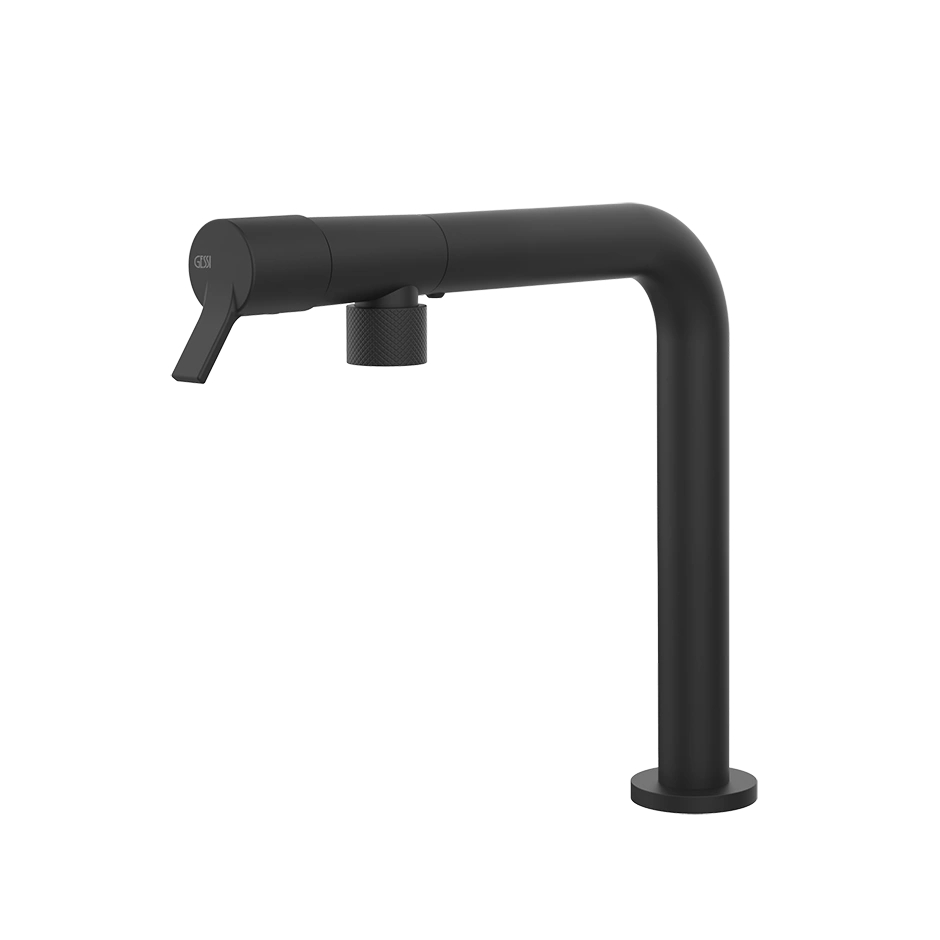 Schwarze Küchenarmatur in L-Form, Einhebelmischer