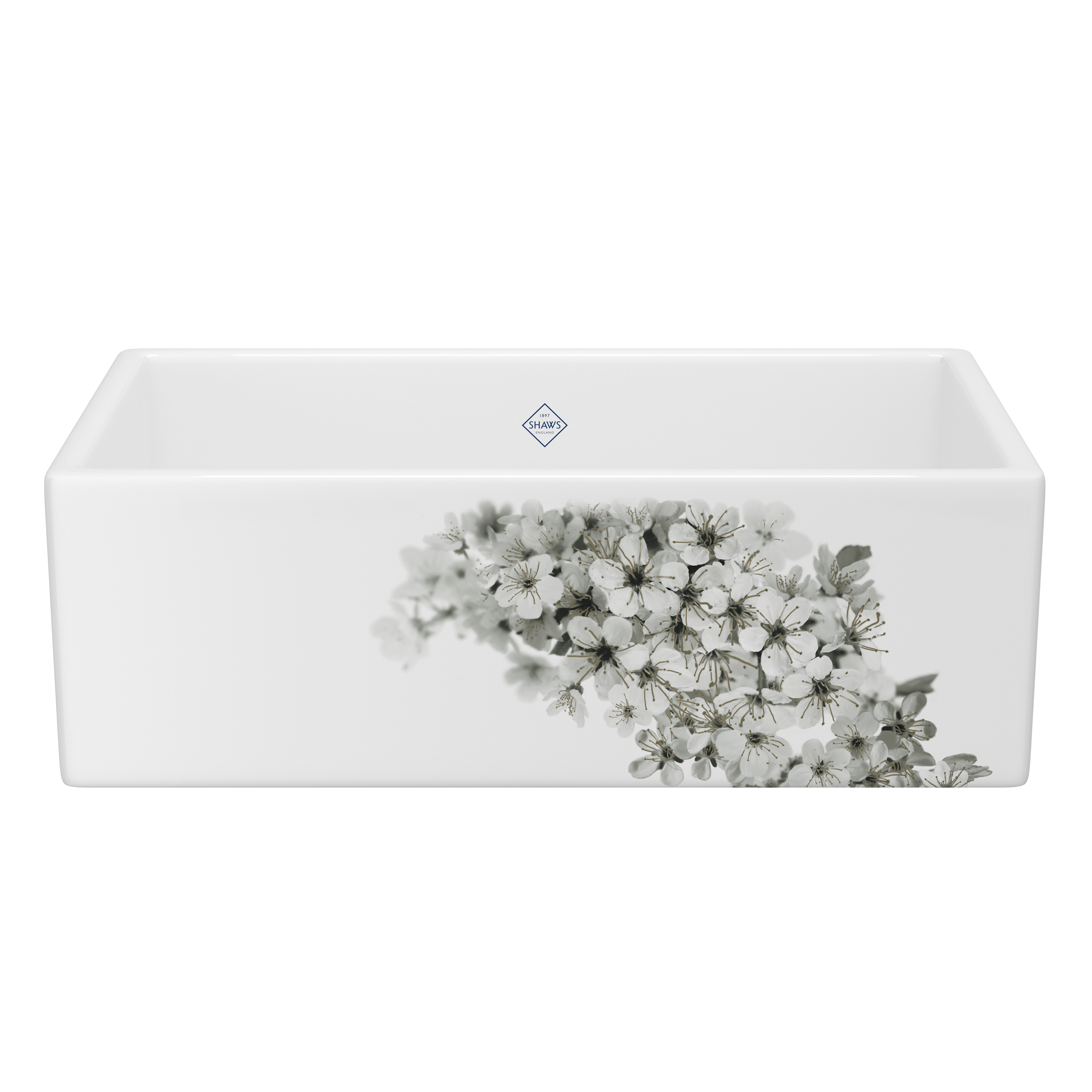 Weiße Keramikspüle mit Blumendekor Weiße Keramikspüle mit zarten Blumenmotiven auf der Vorderseite
