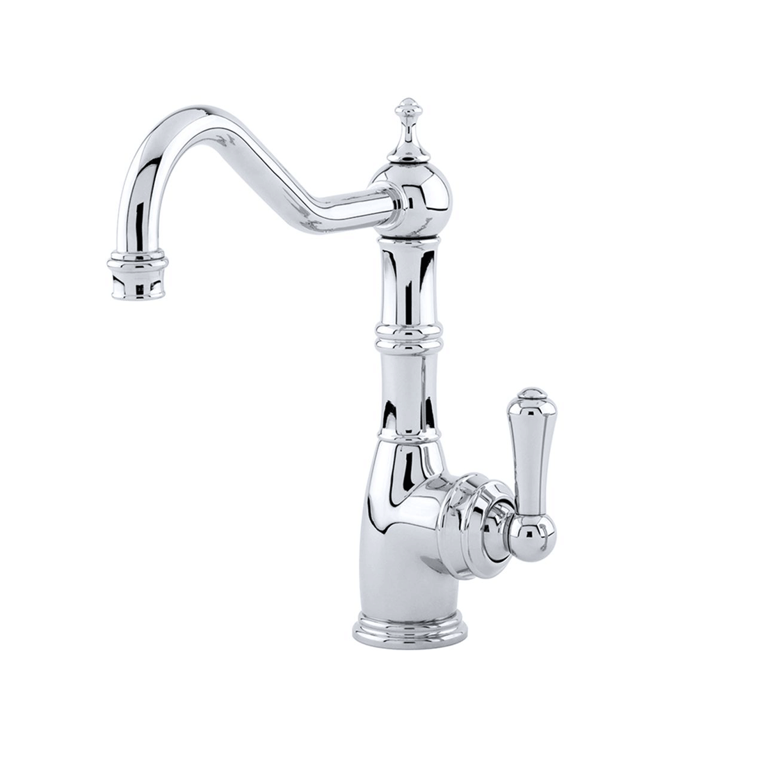 Elegante Küchenarmatur im Retro-Design aus glänzendem Chrom für das moderne Zuhause Hochwertige Küchenarmatur im klassischen Retro-Design, gefertigt aus glänzendem Chrom mit gebogenem Auslauf und Einhebelmischer