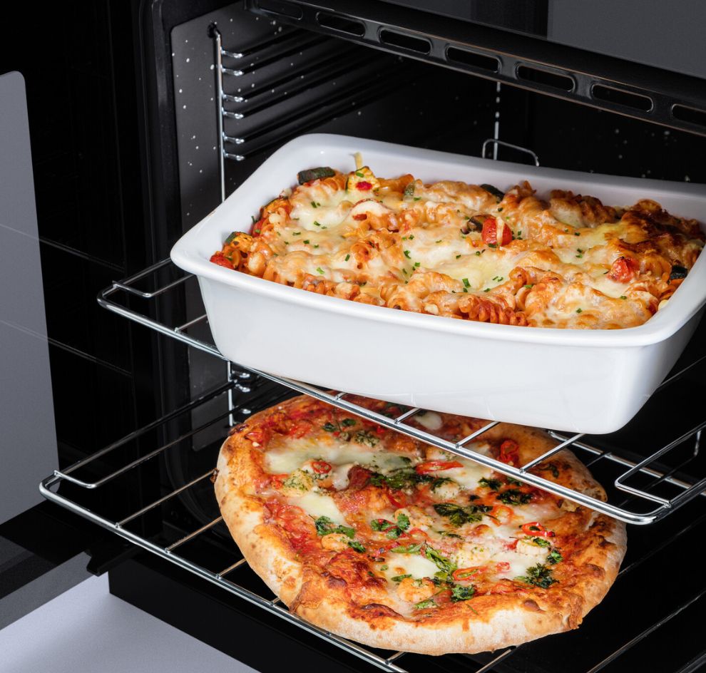 Backofen mit Pizza und Nudelauflauf, zwei Ebenen
