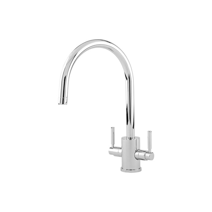 Moderne Küchenarmatur mit hohem, gebogenem Auslauf und zwei Hebeln, verchromt Küchenarmatur aus Chrom mit hohem, geschwungenem Auslauf und zwei seitlichen Bedienhebeln