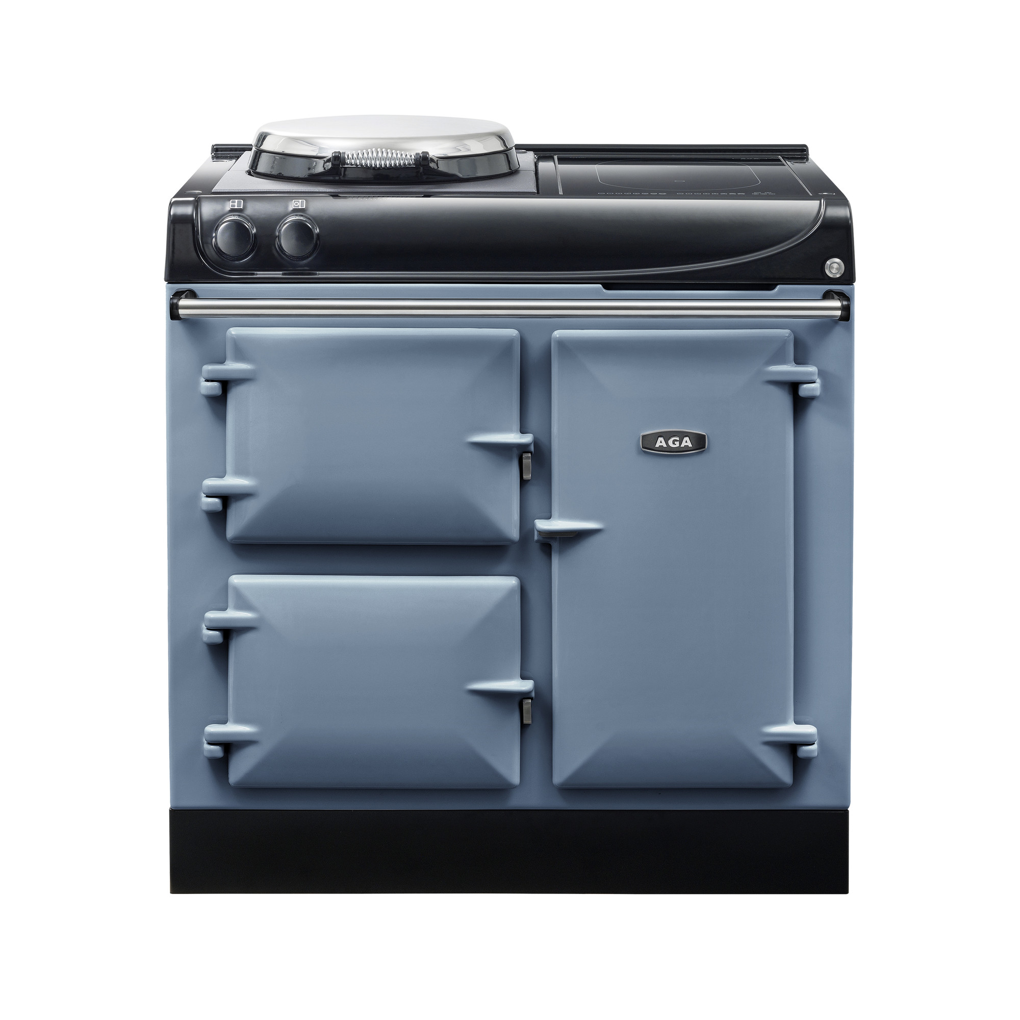 AGA Herd in Hellblau mit mehreren Backofentüren und Kochplatte – Klassischer Design-Küchenofen Hellblauer AGA Herd mit drei Backofentüren und einer Kochplatte, freigestellt auf weißem Hintergrund