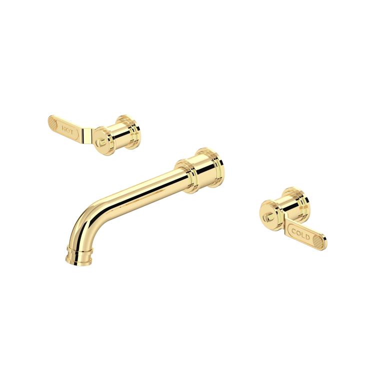 Goldene 3-Loch-Wandarmatur für Waschbecken, Auslauf mit zwei Hebeln für Warm- und Kaltwasser, klassisches Design, polierte Oberfläche