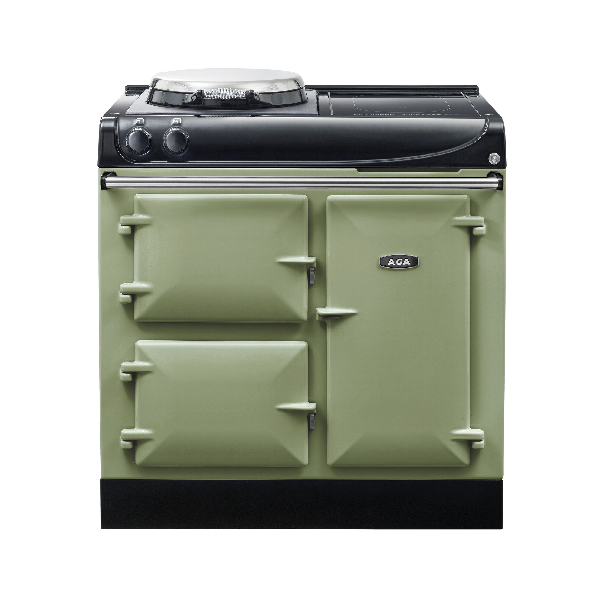 AGA Herd in Retro-Design, grün, mit mehreren Backofenfächern und Kochplatten Grüner AGA Herd im Retro-Stil mit zwei Backofenfächern und Kochplatte, freigestellt auf weißem Hintergrund