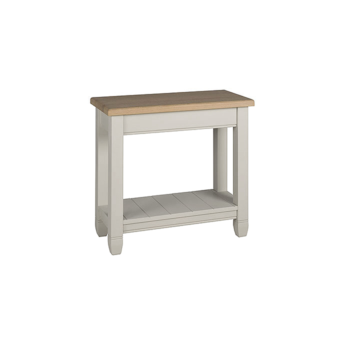 Kleine Konsole mit Ablage, weiß und Eiche, Landhausstil, ideal für Flur oder Wohnzimmer Weiße Konsole mit heller Eichenplatte und unterem Ablagefach, Landhausdesign, geeignet als Beistelltisch oder Flurmöbel