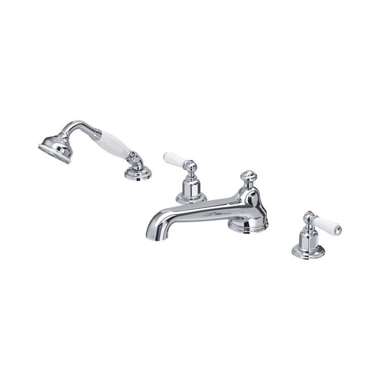 Perrin & Rowe Traditional 3737 4-Loch-Badewannenarmatur mit Hebelgriffen und Handbrause in Chrom