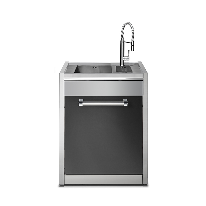 Kompakte Spüle aus Edelstahl mit Unterschrank, Ablagefläche und flexiblem Wasserhahn, geeignet für Küche oder Außenbereich