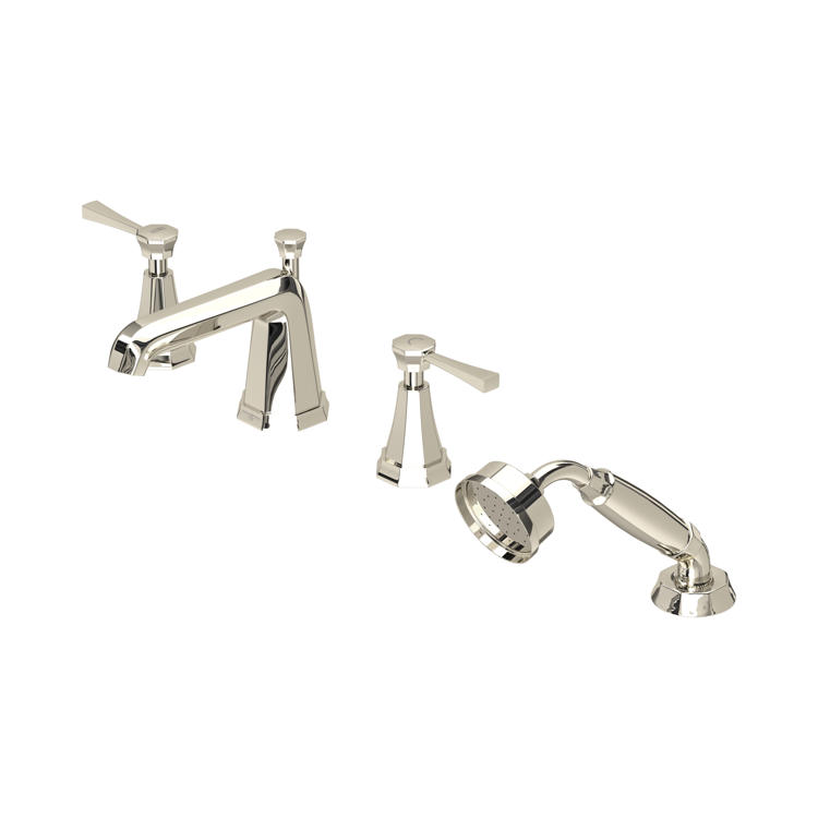 Elegante 4-Loch-Badewannenarmatur mit zwei Hebelgriffen und herausnehmbarer Handbrause für die Wannenrandmontage, Oberfläche in Chrom-Optik