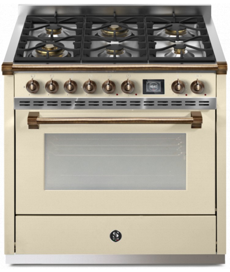 Freistehender Gasherd 90 cm mit Backofen, Farbe Creme