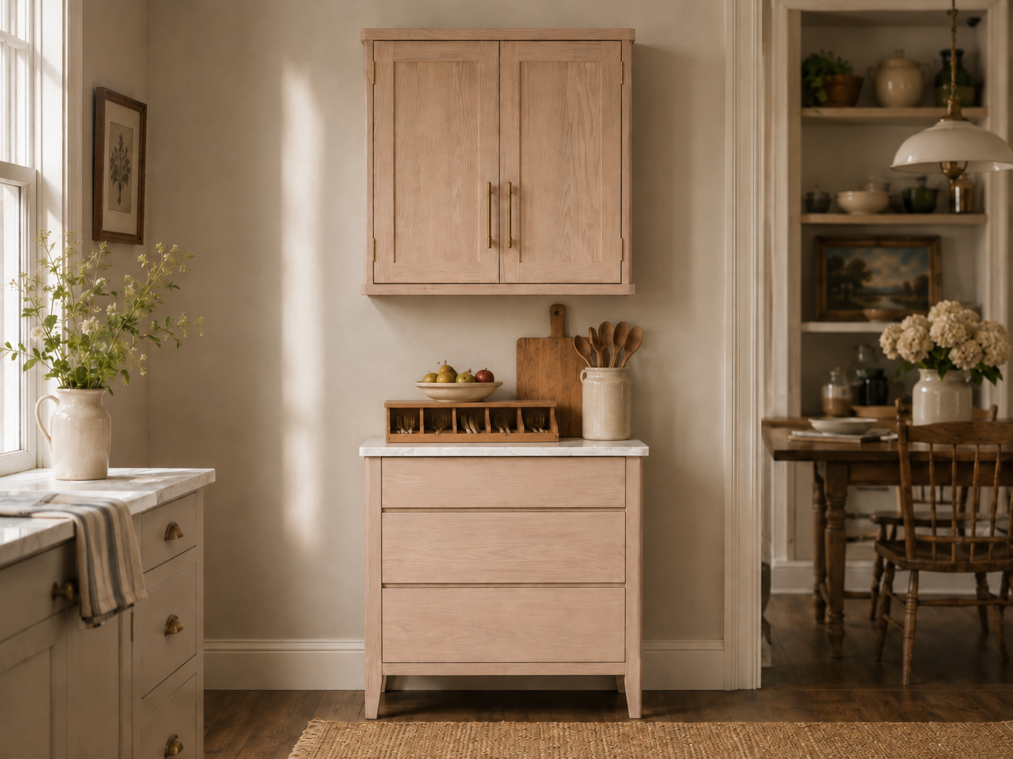 Helles Küchenmöbel-Set im Landhausstil: Eichen-Sideboard mit Marmorplatte, Schubladen und Weinfach plus passender Hängeschrank; dekoriert mit Schüsseln, Schneidebrettern und Keramikkrug in gemütlicher Küche.