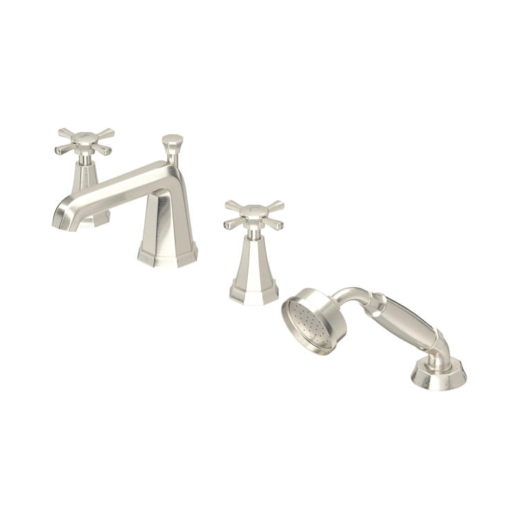 Badewannenarmatur 4-Loch Set: Auslauf, Warm-/Kalt-Wasser Kreuzgriffe und Handbrause aus gebürstetem Nickel – elegante, klassische Wannen-Armatur für die Wannenrandmontage