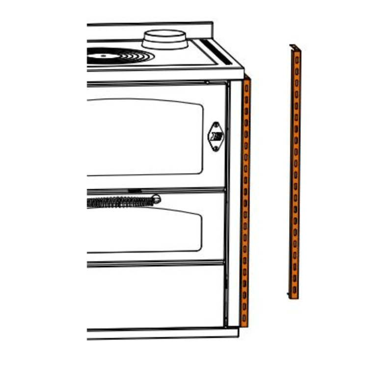 Seitenwand-Abstandshalter für Küchenherd – Schutzprofil aus Metall, orange, zur sicheren Montage Grafische Darstellung eines Küchenherds mit einem orangefarbenen Seitenwand-Abstandshalter aus Metall zur einfachen Montage und Hitzeschutz