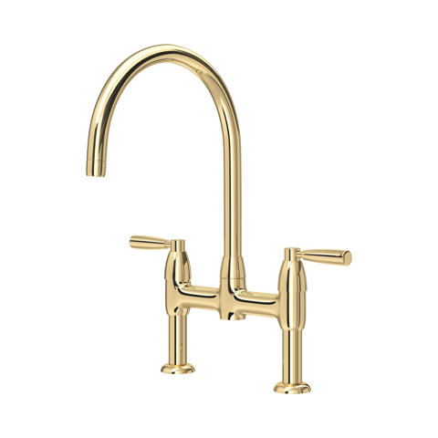 Goldene Messing-Küchenarmatur als Zweigriff-Brückenmischer mit hohem gebogenem Auslauf; robuste Metallausführung im klassischen Retro-Design für Spülbecken, präzise Warm-/Kaltwasserregelung