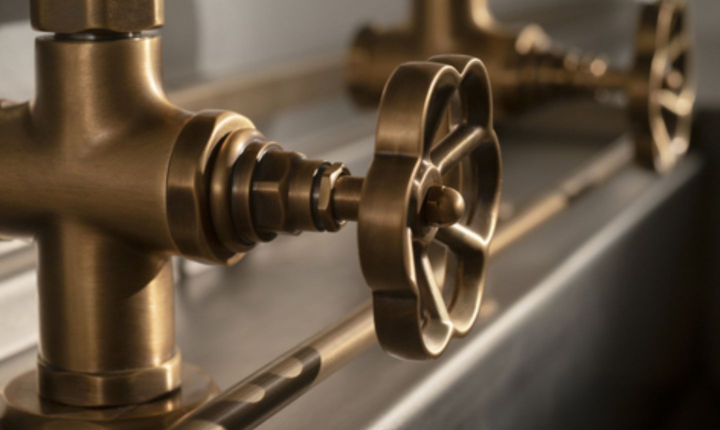 Nahaufnahme: Messingventil mit Handrad für Rohrleitung