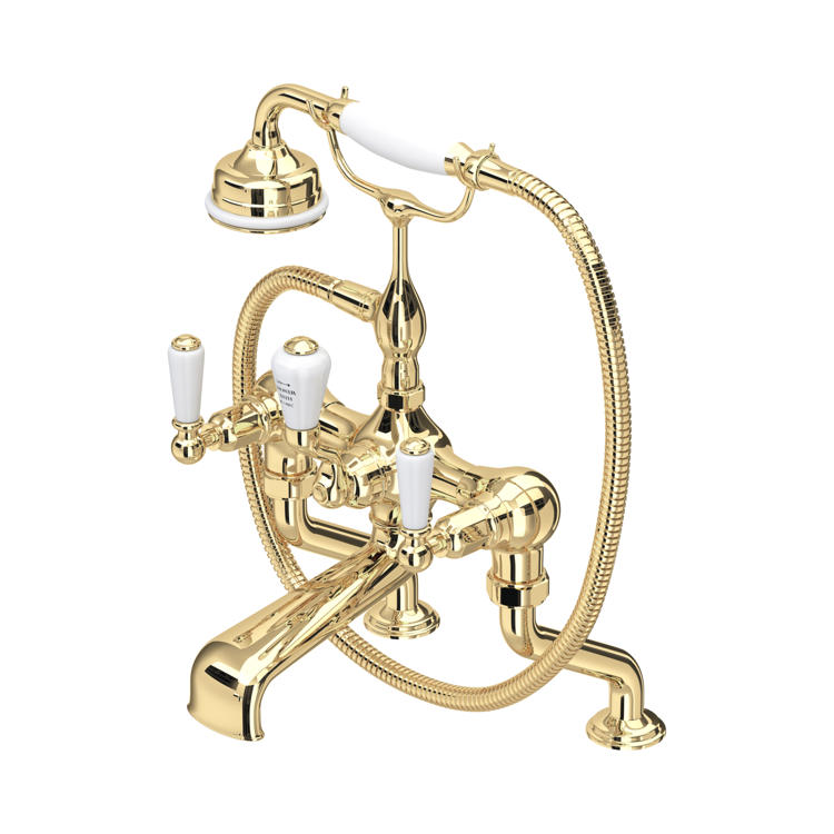 Perrin & Rowe Traditional 3500 Badewannenarmatur mit Handbrause und Hebelgriffen in Messing poliert