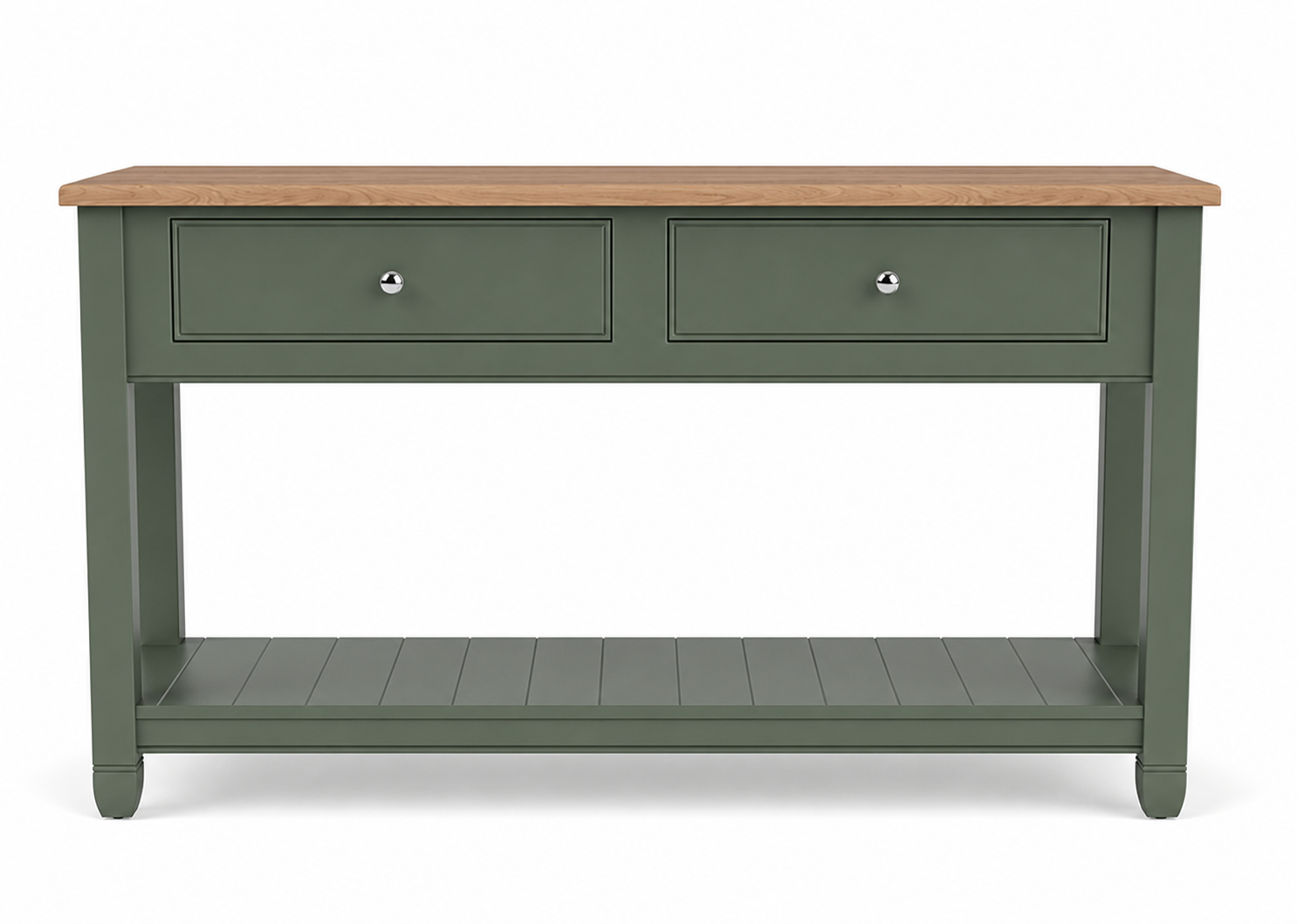 Grüner Konsolentisch/Sideboard im Landhausstil mit massiver Eichenplatte, zwei Schubladen mit Knäufen und unterem Ablageboden – ideal für Flur, Wohnzimmer oder Essbereich