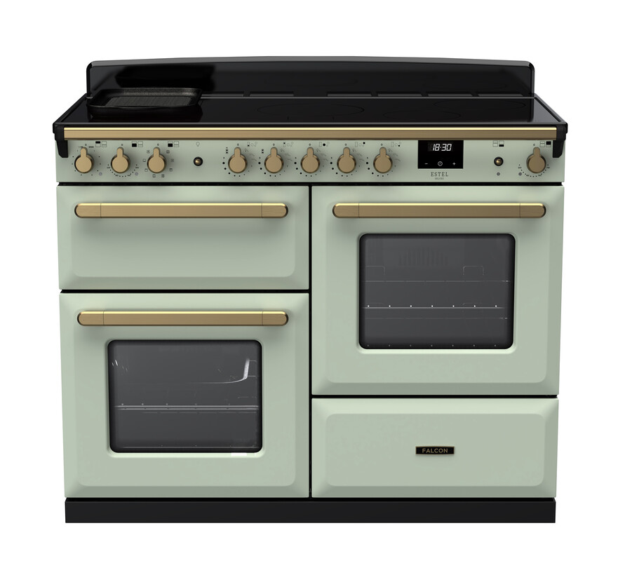 Freistehender Doppelofen in Creme mit sechs Drehknöpfen und einem digitalem Display, ideal für vielseitiges Kochen