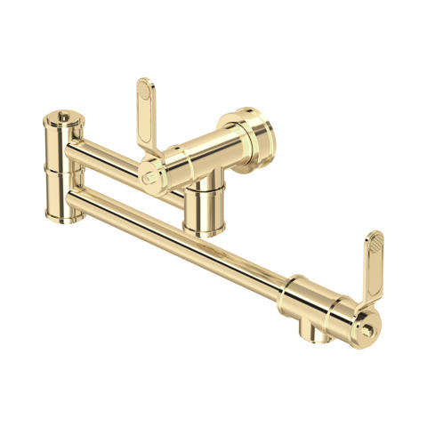 Goldene Wand-Küchenarmatur (Topffüller) aus Messing mit zwei Hebeln und doppelt schwenkbarem Ausleger; ideal zum Befüllen von Töpfen am Herd, langlebige Premium-Armatur