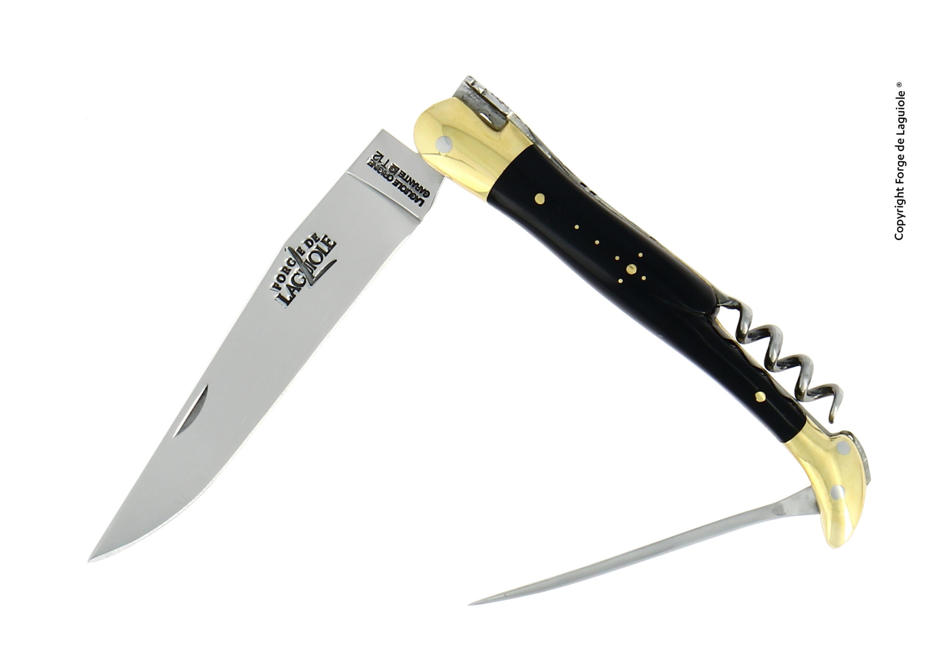 Laguiole Taschenmesser mit schwarzem Griff, Korkenzieher, Klinge und Ahle Elegantes Laguiole Taschenmesser mit schwarzem Griff, integrierter Klinge, Korkenzieher und Ahle, geöffnet dargestellt