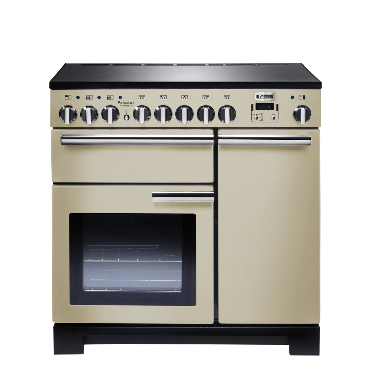 Falcon Professional 90 Induktionsherd in Creme mit zwei Backöfen und Bedienelementen aus Edelstahl Falcon Professional 90 Induktionsherd in Creme, freistehender Herd mit zwei Backöfen und Edelstahlgriffen