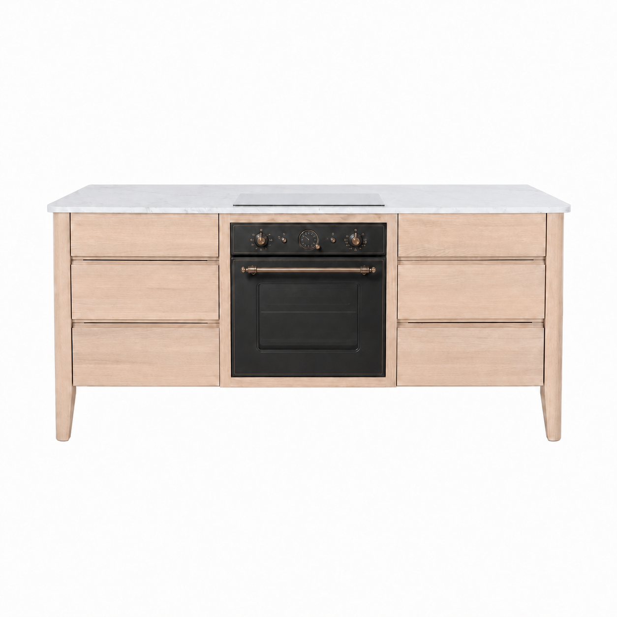 Neptune Borough Kochinsel aus Eiche mit Carrara-Marmorplatte, Frontansicht: mittiger Backofenplatz, oben Kochfeld, links/rechts je drei Soft-Close-Schubladen; freistehendes Design mit großzügiger Arbeitsfläche und Sitzbereich.