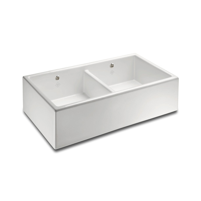 Keramik Doppelspülbecken weiß, Landhausstil, moderne Küchenspüle mit zwei Becken Weißes Doppelspülbecken aus Keramik mit zwei getrennten Becken im modernen Landhausstil