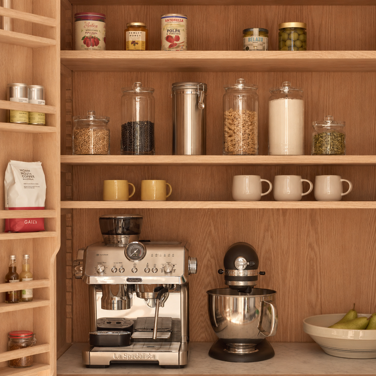 Moderne Espressomaschine aus Edelstahl auf Küchenregal, umgeben von Tassen und Vorratsgläsern; daneben Küchenmaschine. Produktfoto für hochwertige Kaffeezubereitung zu Hause