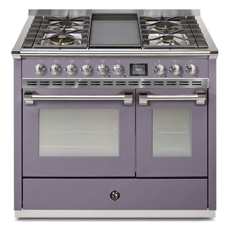 Violetter Standherd mit fünf Gas-Kochfeldern, Mittelplatte und zwei Backöfen, geeignet für große Küchen