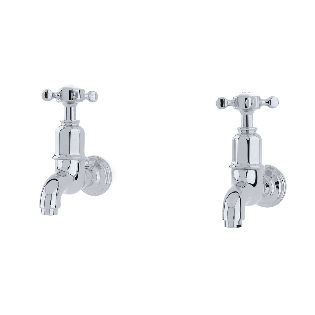 Chrom Wasserhahn-Set im klassischen Design, 2-teilig, Wandmontage für Bad oder Küche Zwei silberne, klassische Wasserhähne aus Chrom zur Wandmontage, nebeneinander angeordnet