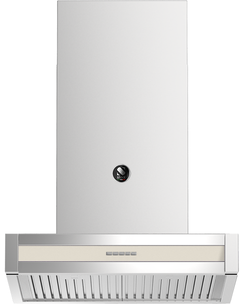 Moderne Edelstahl-Dunstabzugshaube zur Wandmontage mit Kaminschacht, vorderem Bedienfeld und lamellenförmigen Metallfettfiltern; geeignet für Abluft oder Umluft, leise und energieeffizient
