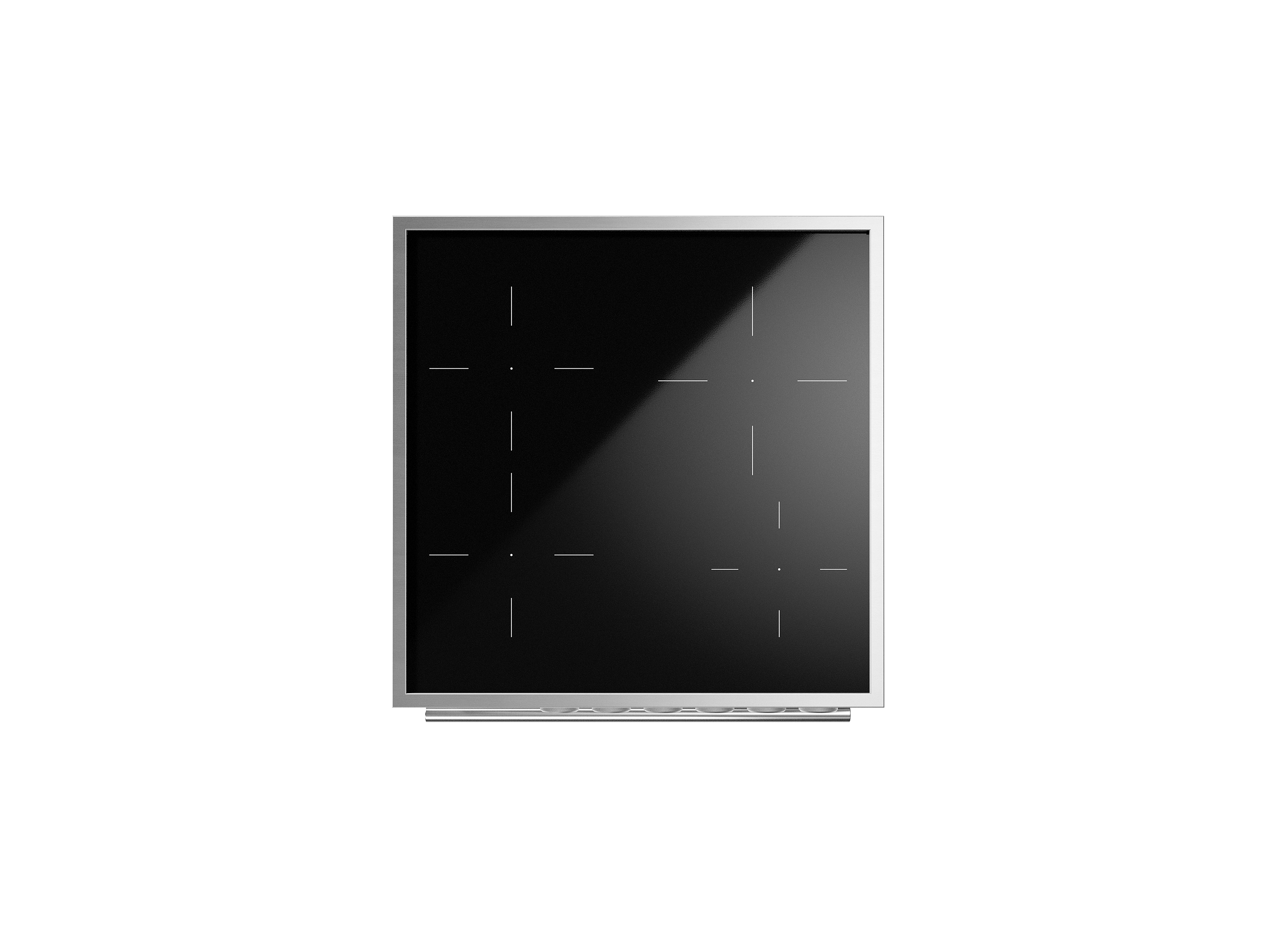 Induktionskochfeld mit Edelstahlrahmen – modernes Kochfeld mit vier Kochzonen Modernes Induktionskochfeld mit schwarzer Glasoberfläche und Edelstahlrahmen, vier Kochzonen sichtbar