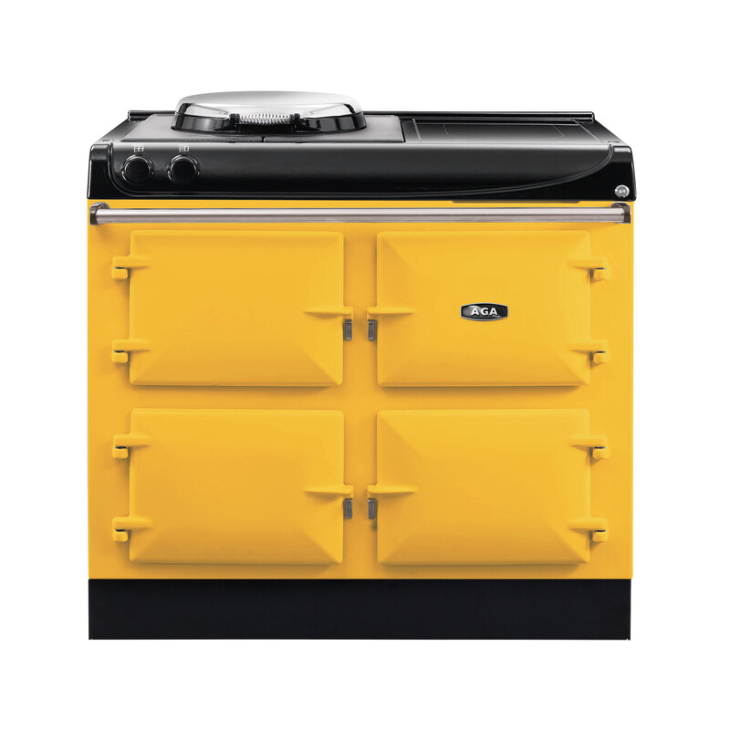 AGA Herd in Gelb mit vier Backofenfächern und Kochplatte, klassisches Design für die Küche Gelber AGA Herd mit vier Fächern und einer Kochplatte, ideal für modernes und traditionelles Kochen