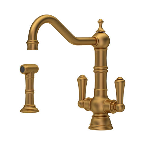 Antik-messingfarbene Küchenarmatur mit hohem Auslauf, Zweigriffmischer und seitlicher Spülbrause – robuste, stilvolle Wasserhahn-Lösung für die Küche