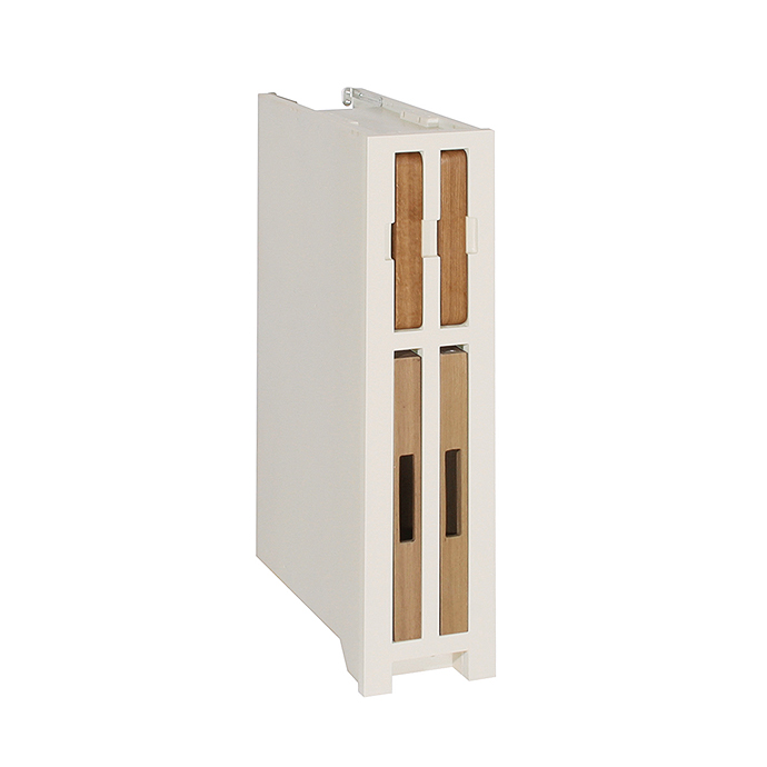 Weißes Messerblock-Einsatzmodul für Schubladen mit Halterungen aus Holz, modern und platzsparend Modulares Schubladeneinsatz-System in Weiß mit vier integrierten Messerhaltern aus Holz, ideal für Küchenorganisation