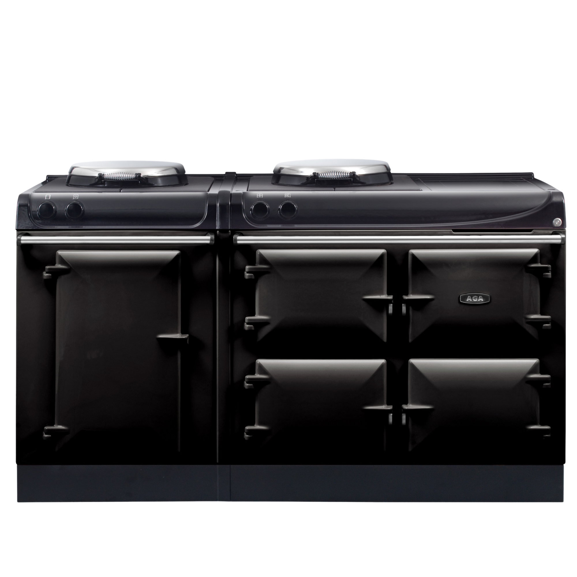 AGA Herd in Schwarz mit mehreren Backöfen und Kochplatten – Klassischer Küchenherd für anspruchsvolle Hobbyköche Schwarzer AGA Herd mit vier Backofentüren und zwei Kochplatten, ideal für große Küchen und traditionelles Kochen