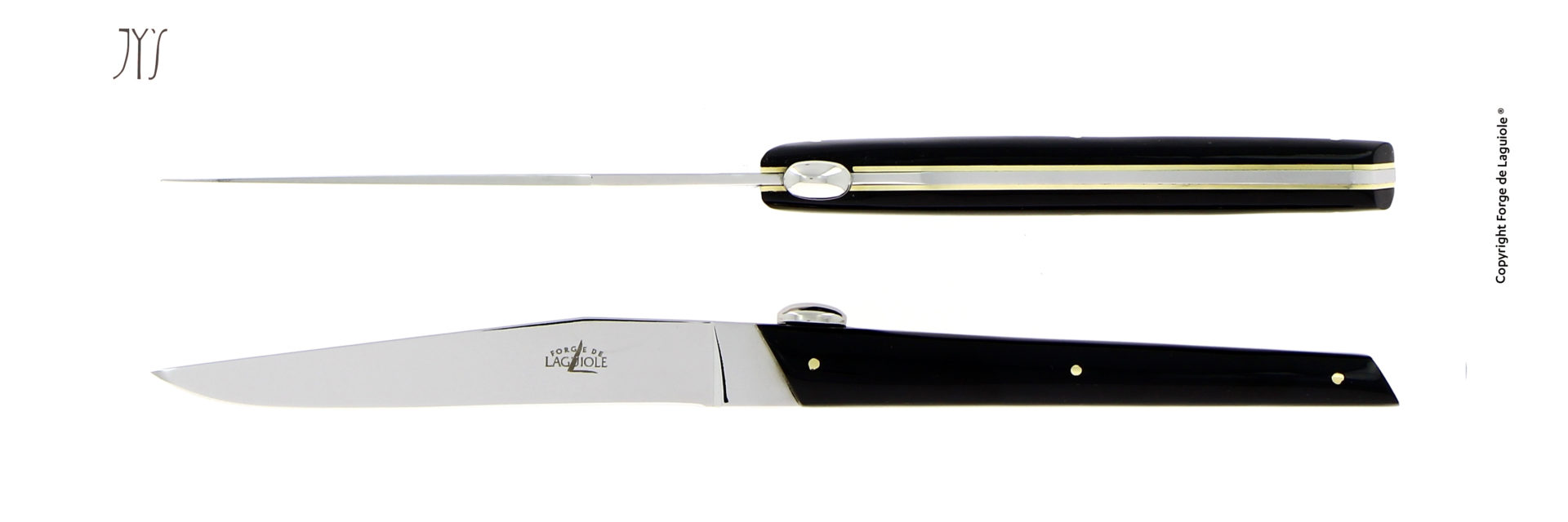 Laguiole Taschenmesser mit schwarzem Griff – handgefertigt von Forge de Laguiole Hochwertiges, handgefertigtes Laguiole Taschenmesser mit schwarzem Griff und Edelstahlklinge, seitliche und obere Ansicht