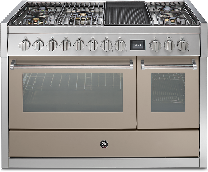 Großer Edelstahl-Gasherd mit zwei Backöfen und Grillplatte für die moderne Küche Moderner Gasherd mit sechs Kochfeldern, Grillplatte, zwei Backöfen und Edelstahlfront, ideal für Hobbyköche