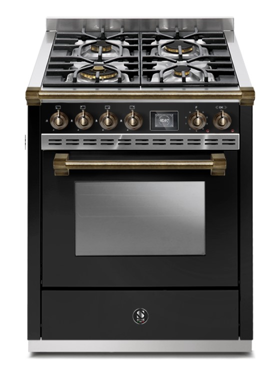 Moderner Standherd mit vier Gas-Kochfeldern, Bedienelementen und großem Backofen in eleganter Schwarz-Edelstahl-Ausführung