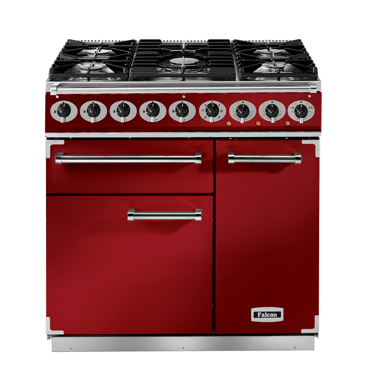 Roter Falcon Gasherd mit großzügiger Kochfläche, mehreren Bedienelementen und integriertem Backofen für moderne Küchen