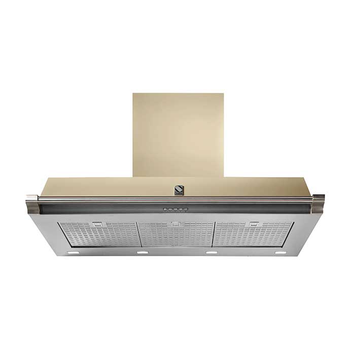 Dunstabzugshaube aus Edelstahl, frontal von unten fotografiert, geeignet für moderne Küchen