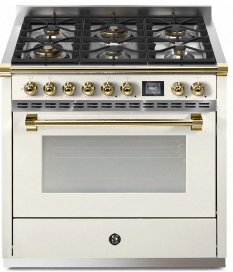 Freistehender Gasherd mit Backofen, creme Messing