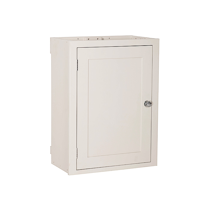 Weißer Hängeschrank mit Tür und Metallgriff, ideal für Bad oder Küche Abgebildet ist ein weißer Hängeschrank mit einer Tür und silberfarbenem Griff, passend für Badezimmer oder Küche