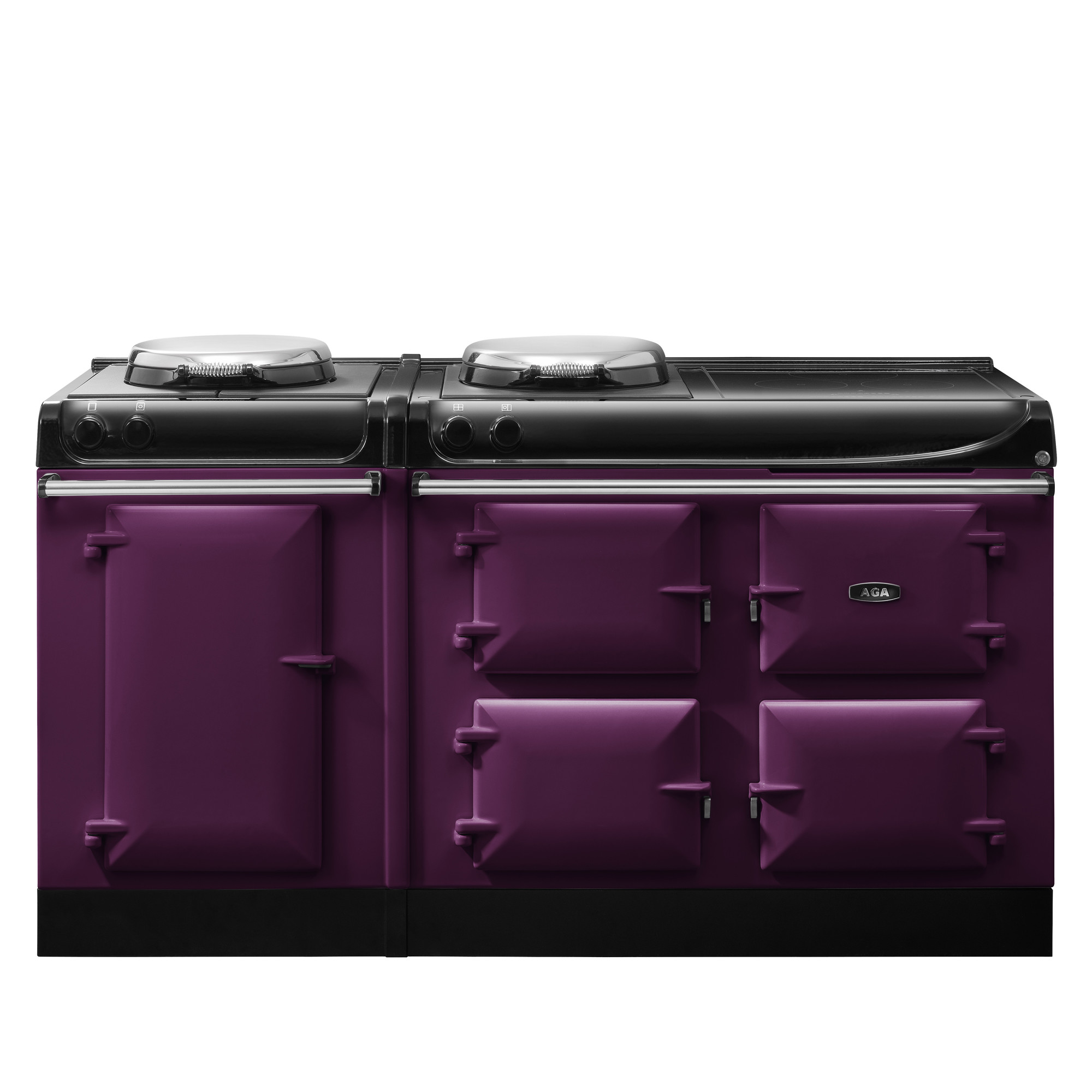 AGA Herd in Violett mit mehreren Ofentüren und Kochplatten Violetter AGA Herd mit vier Ofentüren und zwei runden Kochplatten, hochwertiges Küchengerät im Retro-Stil
