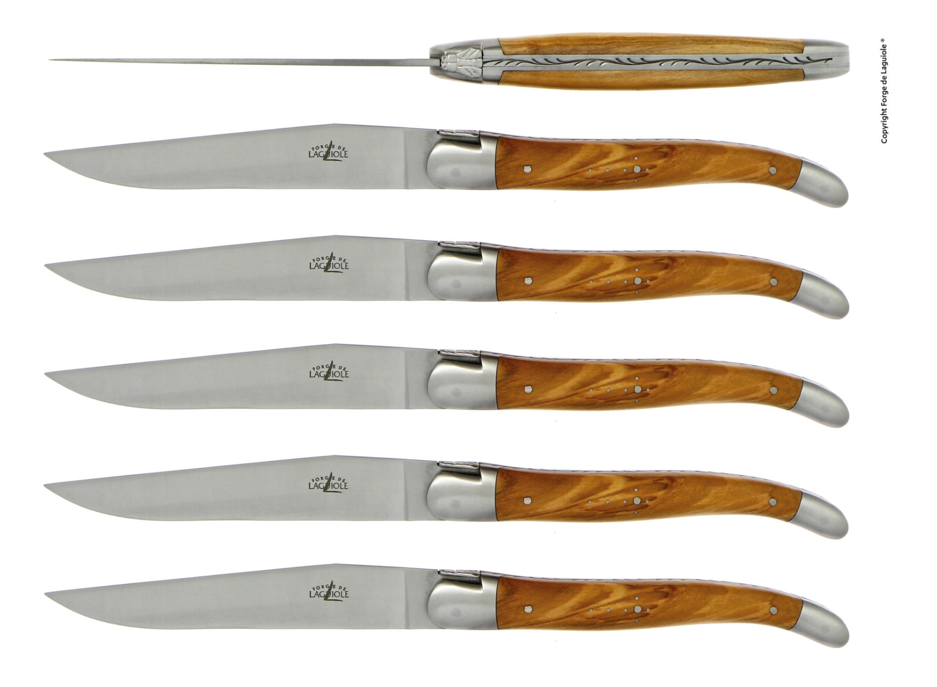 Laguiole Steakmesser Set mit Olivenholzgriffen, 6-teilig, hochwertiger Edelstahl Sechs Laguiole Steakmesser mit Edelstahlklingen und Griffen aus Olivenholz, seitlich und von oben gezeigt