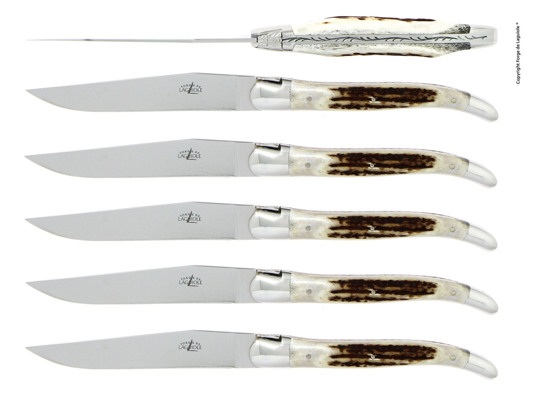 Laguiole Steakmesser Set mit Griffen aus Hirschhorn, 6-teilig, hochwertige Handarbeit Sechs Laguiole Steakmesser mit Klingen aus Edelstahl und Griffen aus echtem Hirschhorn, seitlich und von oben abgebildet
