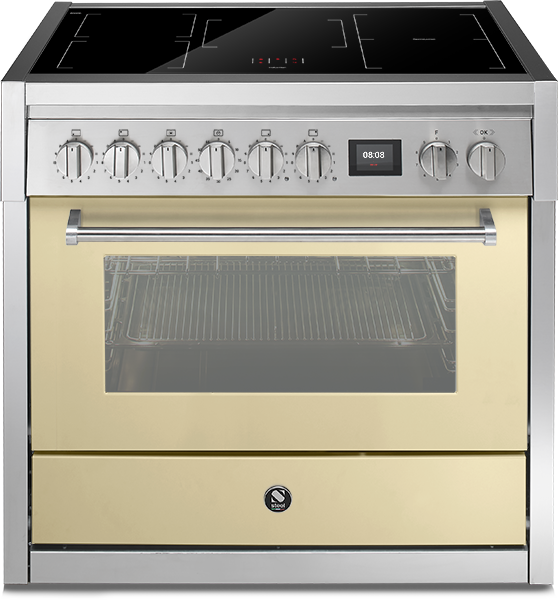 Hochwertiger Standherd mit Induktionskochfeld und großem Backofen in cremefarbenem Design Moderner Standherd mit Induktionskochfeld, sieben Drehknöpfen, Digitalanzeige und großer Glastür in Creme
