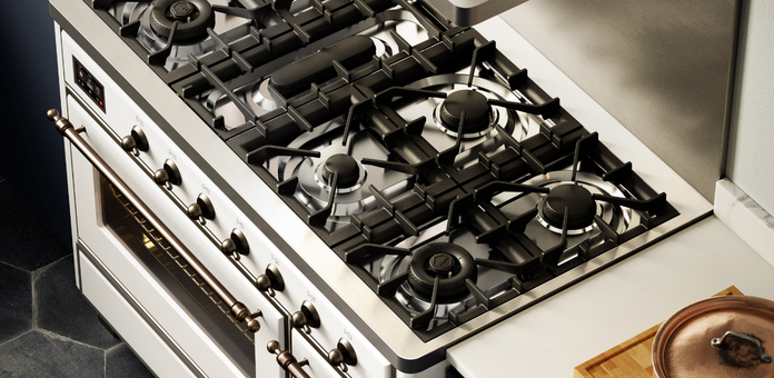 Freistehender Gasherd, 6 Flammen, Edelstahl, Knöpfe vorn