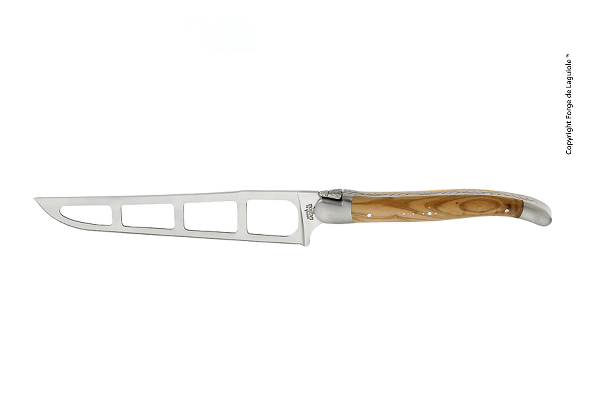 Laguiole Käsemesser mit Olivenholzgriff und durchbrochener Klinge Elegantes Laguiole Käsemesser mit Olivenholzgriff und geschlitzter Klinge zur optimalen Käseportionierung