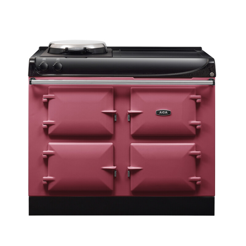 AGA Herd pink – klassischer Standherd mit vier Ofentüren und Kochplatte Moderner AGA Standherd in Pink mit vier Backofentüren und schwarzer Kochplatte, geeignet für stilvolle Küchen